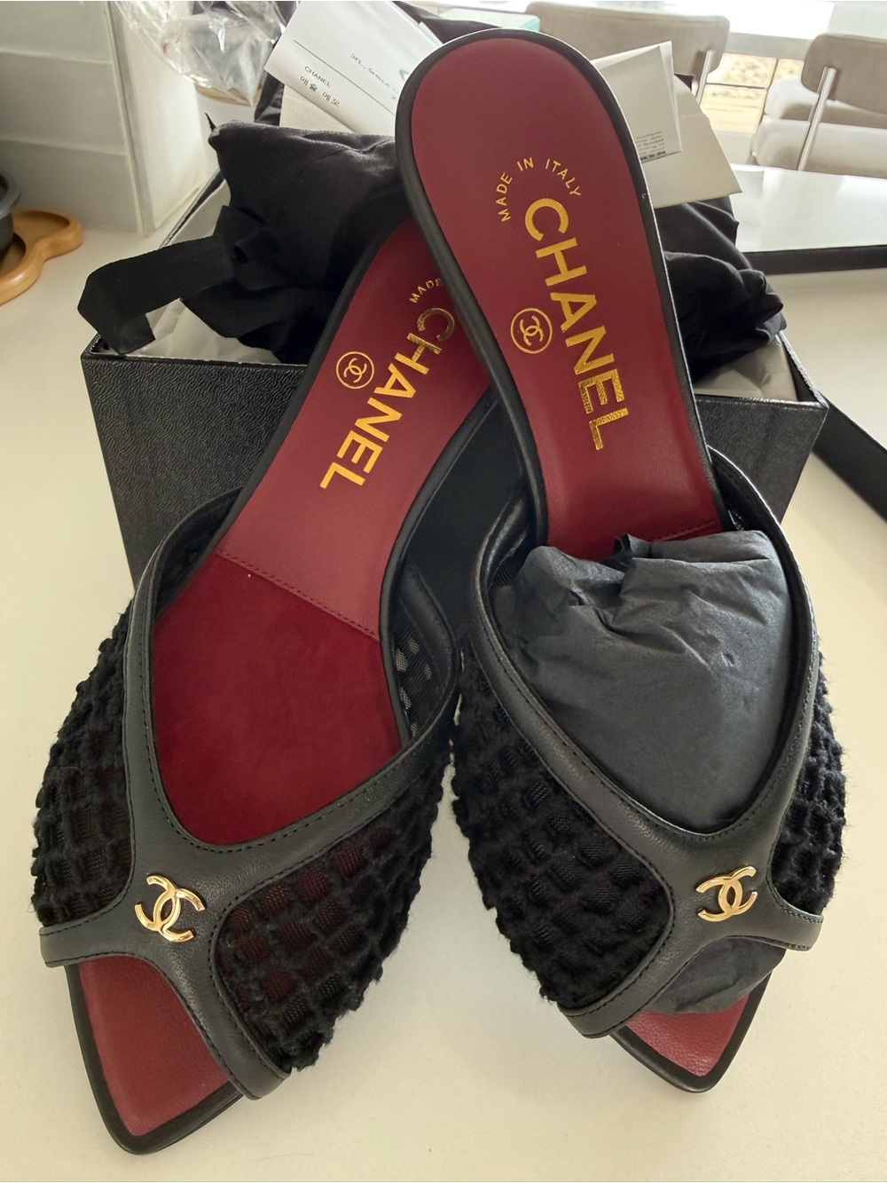 CHANEL Black Mesh & Leather Slide Mules with Gold CC with receipt - Size 36C - Picture 3 of 6